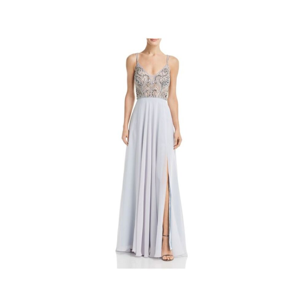 AQUA FORMAL Womens Silver Padded Lined Spaghetti Strap Full-Length Gown Dress 4